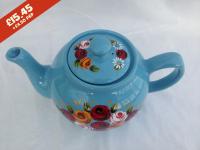 Teapot - Blue - hand-painted with traditional canal rose designs.
